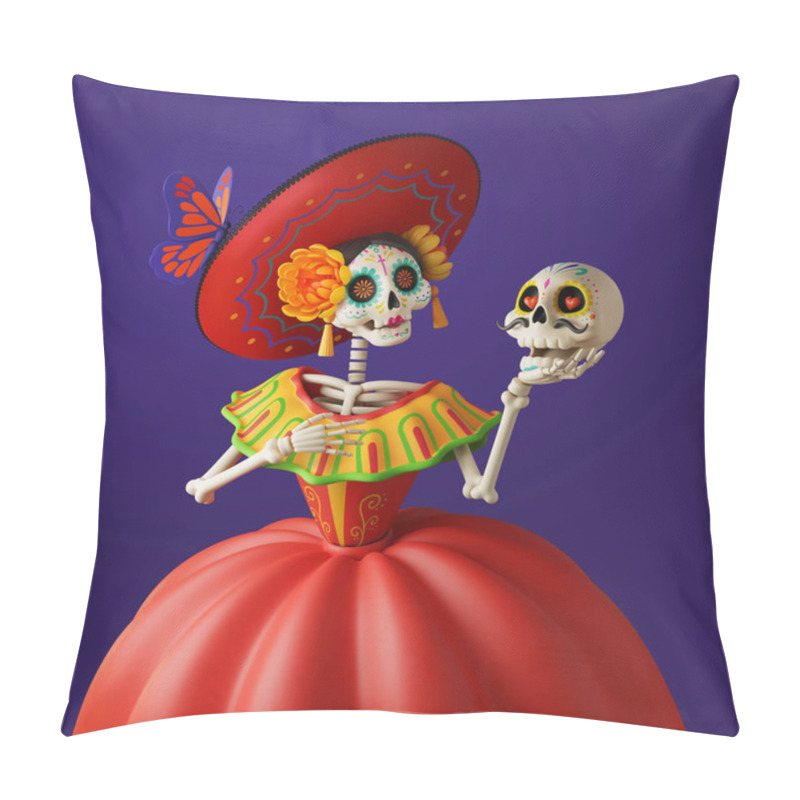 Personality  3D Rendering Catrina Skeleton In Red Dress And Hat Holding A Sugar Skull Isolated On Purple Background Pillow Covers