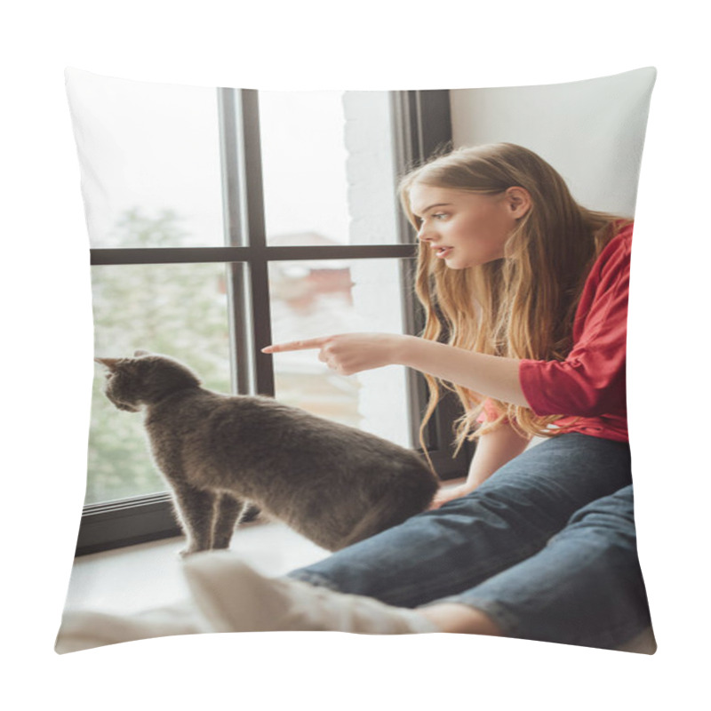 Personality  Selective Focus Of Young Woman Pointing With Finger At Window Near Cute Cat Pillow Covers