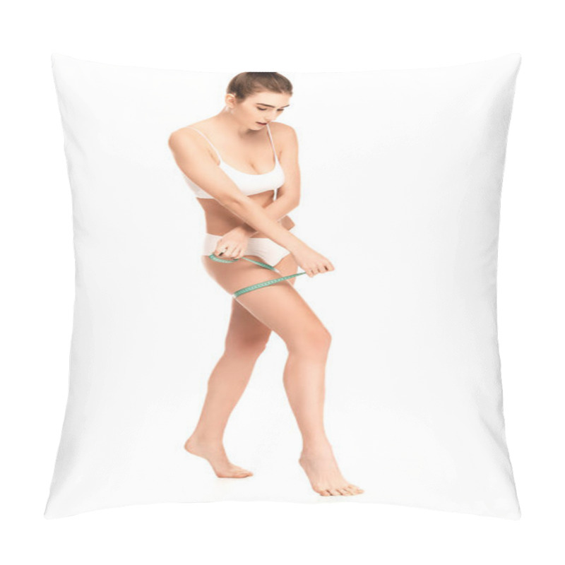 Personality  Barefoot Woman In Top And Panties Measuring Thigh Isolated On White  Pillow Covers