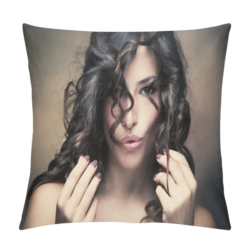 Personality  Brunette Woman With Shiny Hair Pillow Covers