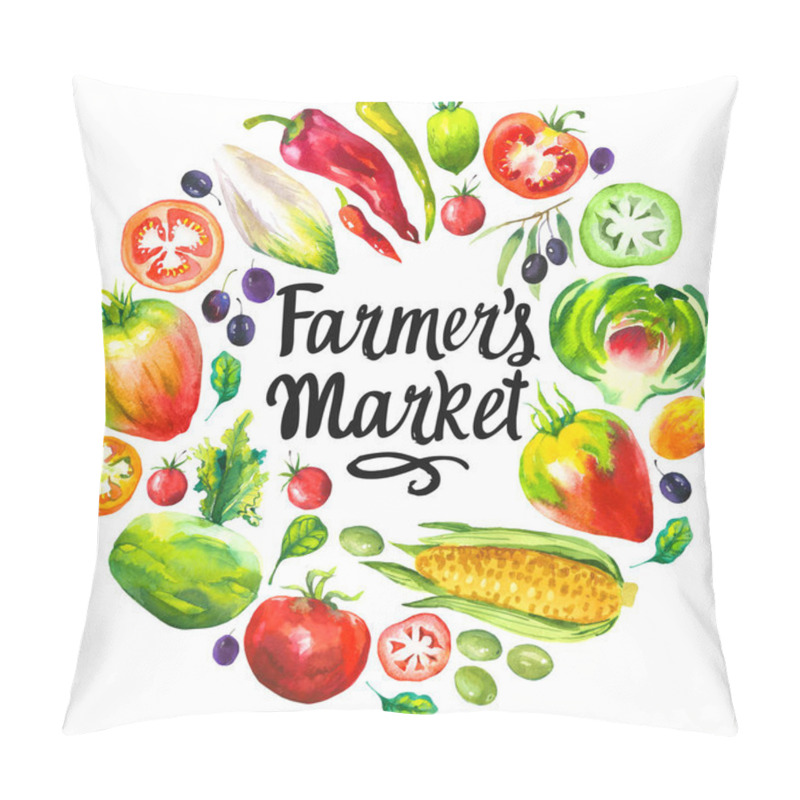 Personality  Watercolor Illustration With Round Composition Of Farm Products. Vegetables Set: Artichokes, Tomato, Olives, Cauliflower, Chicory, Corn, Tomato, Spinach, Peppers. Fresh Organic Food. Pillow Covers