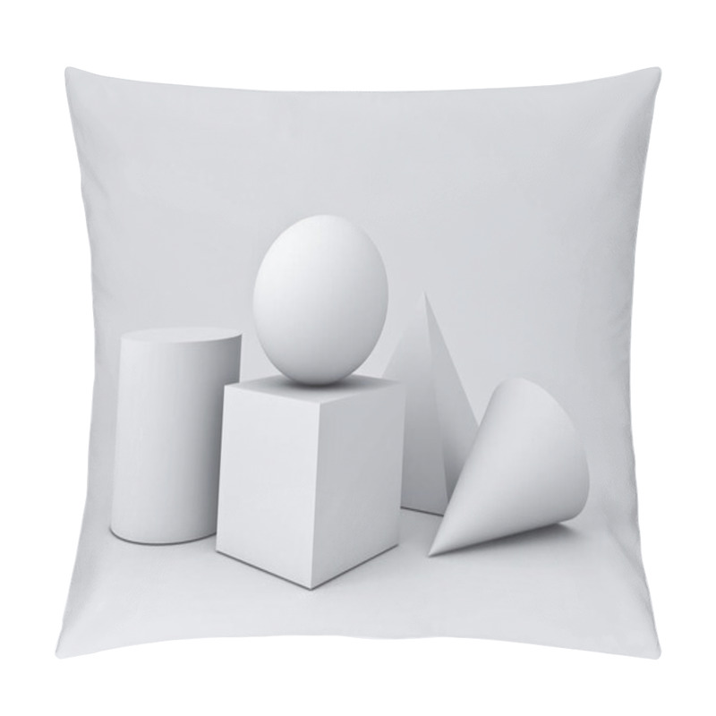 Personality  White Geometry 3D Graphic Shapes Cube Pyramid Cone Cylinder Sphere Isolated On White Background With Shadows 3D Rendering Pillow Covers