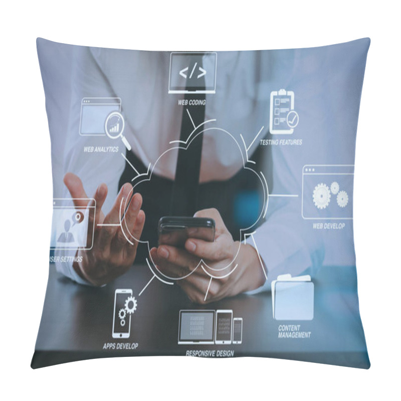 Personality  Developing Programming And Coding Technologies With Website Design In Virtual Diagram.businessman Working With Smart Phone On Wooden Desk In Modern Office With Glass Reflected View Pillow Covers