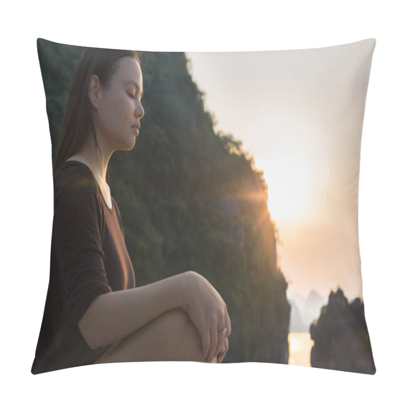 Personality  Woman Relaxing And Meditating In Nature, During Sunset. Peaceful Zen. Pillow Covers