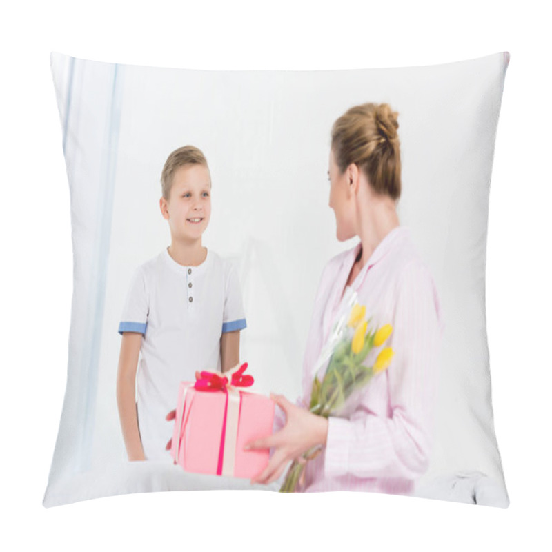 Personality  Mother With Gift And Flower Bouquet Presented By Little Son On Mothers Day Morning Pillow Covers