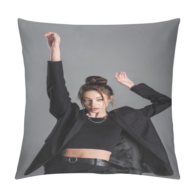 Personality  Trendy Woman In Crop Top And Black Jacket Standing With Arms Up Isolated On Grey Pillow Covers