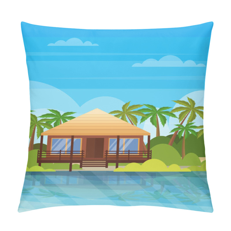 Personality  Tropical Island Villa Bungalow Hotel On Beach Seaside Green Palms Landscape Summer Vacation Concept Flat Vertical Pillow Covers