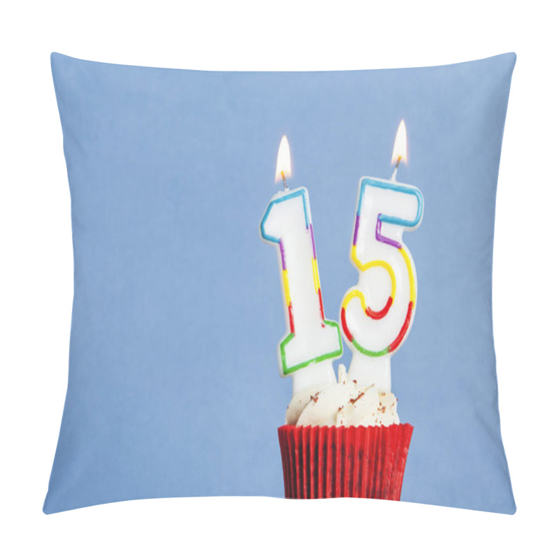 Personality  Number 15 Birthday Candle In A Cupcake Against A Blue Background Pillow Covers