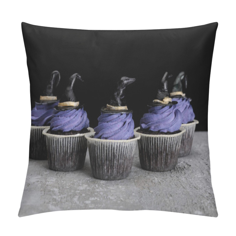 Personality  Halloween Cupcakes With Blue Cream And Decorative Witch Hats On Concrete Grey Surface Isolated On Black Pillow Covers