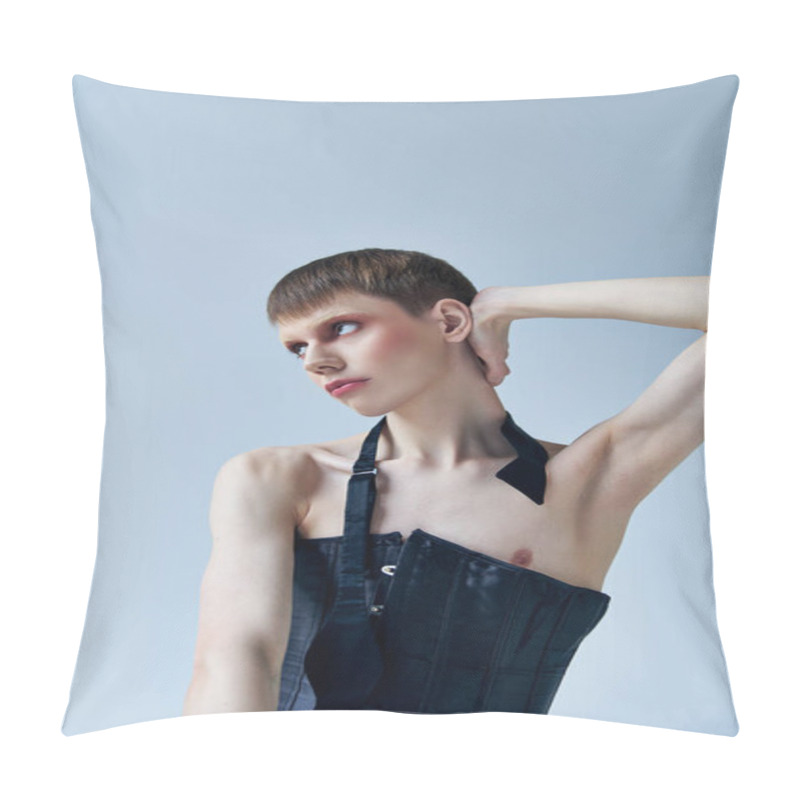 Personality  Androgynous Model In Black Corset Posing On Grey, Lgbt, Queer Fashion, Looking Away, Self Expression Pillow Covers