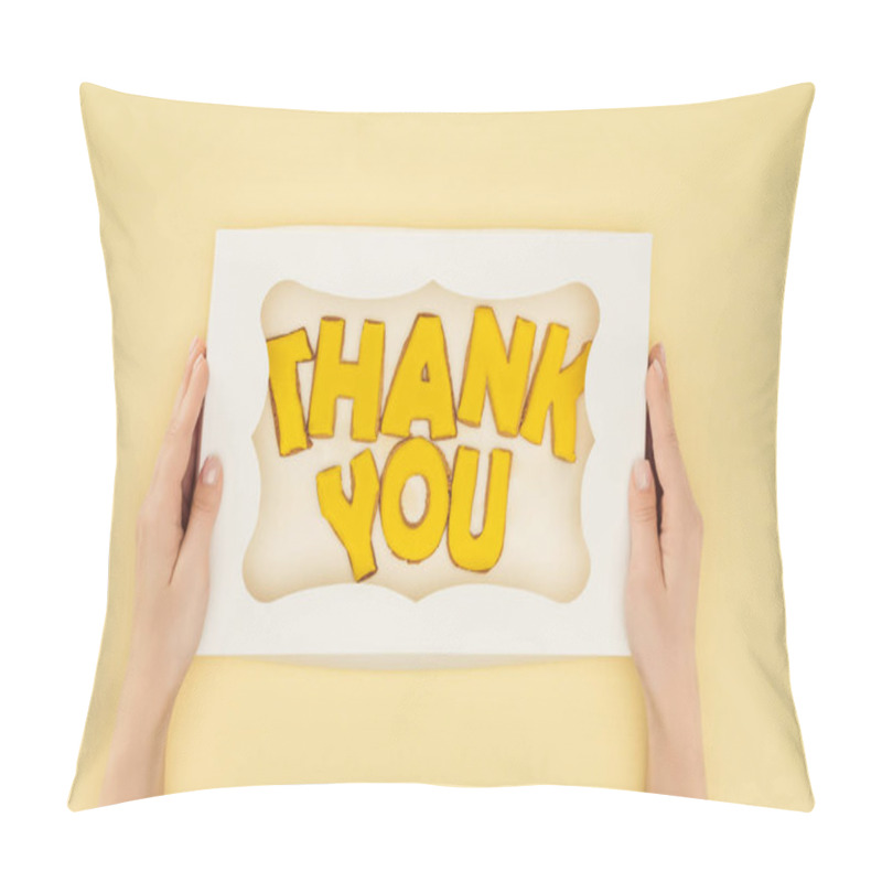 Personality  Cropped Person Holding Square-shaped Cake In Box With Thank You Lettering Isolated On Yellow Background Pillow Covers