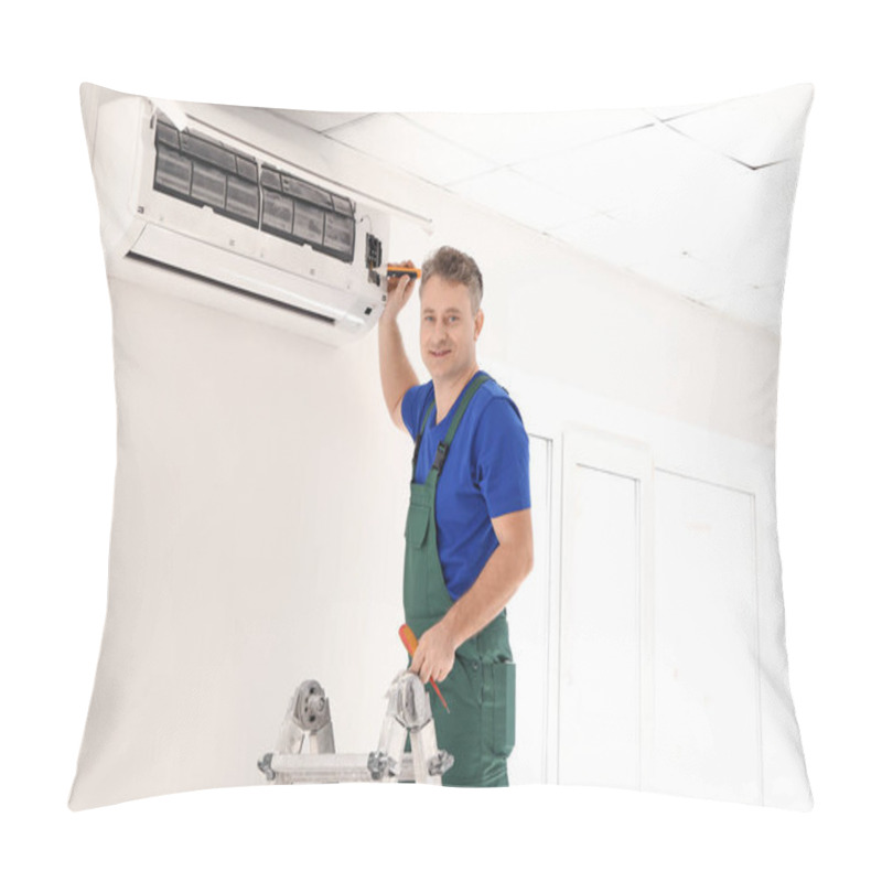 Personality  Mature Electrician Repairing Air Conditioner Indoors Pillow Covers