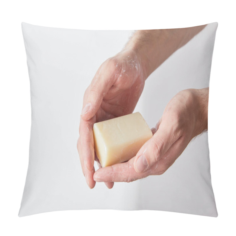 Personality  Partial View Of Man Using Soap On Grey Background Background Pillow Covers