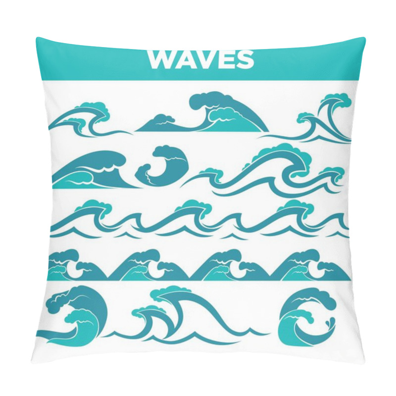 Personality  Waves Of Seas And Oceans During Storm Or Tsunami Set. Natural Elements Joint In Pattern. Blue Water In Raging Condition Isolated Cartoon Flat Vector Illustrations Collection On White Background. Pillow Covers