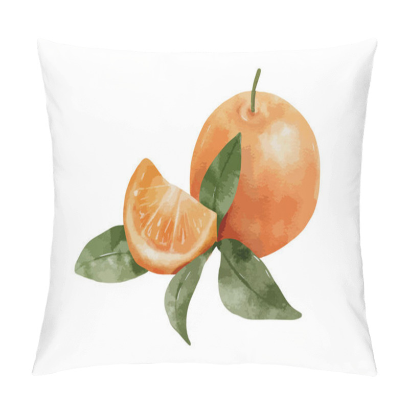 Personality  Watercolor Illustration Of Whole Orange With Green Leaves And A Sliced Segment Isolated On White Background. Vector Illustration Pillow Covers