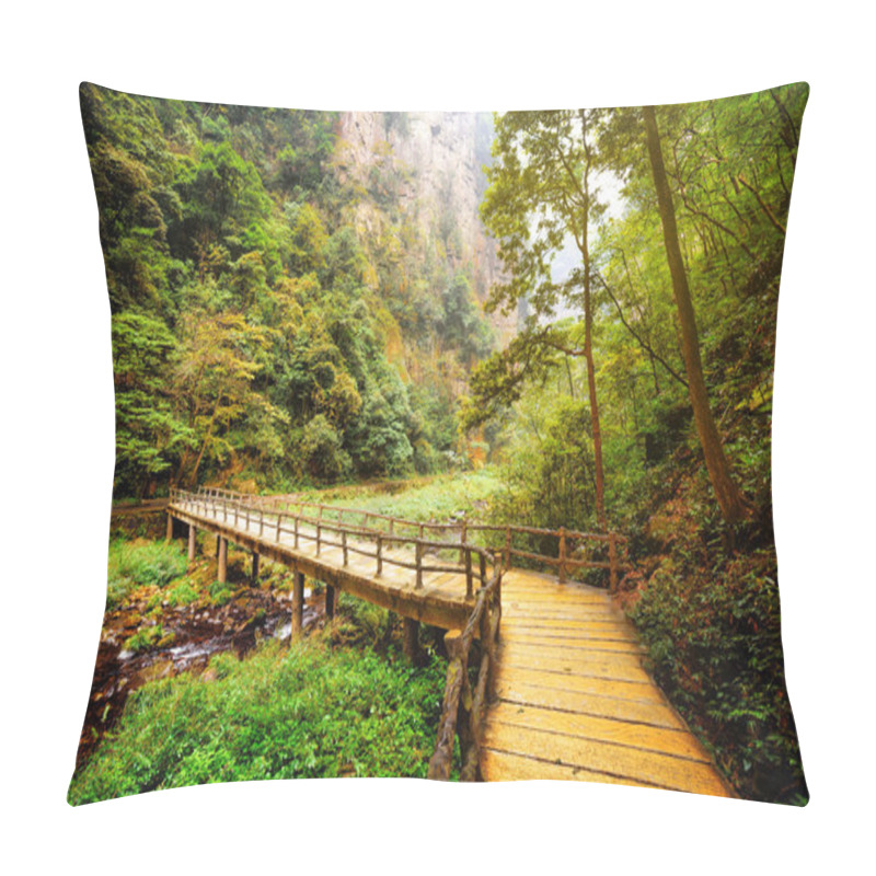 Personality  Yellow Bridge Over Mountain River Among Woods And Rocks Pillow Covers