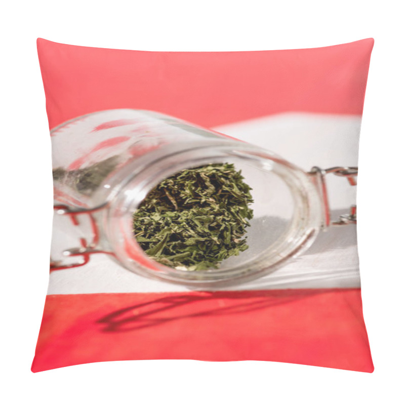 Personality  Selective Focus Of Cannabis In Glass Jar, Marijuana Legalization Concept Pillow Covers