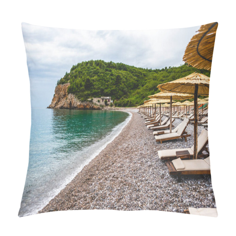 Personality  Sun Loungers On Empty Beach Of Adriatic Sea In Budva, Montenegro Pillow Covers