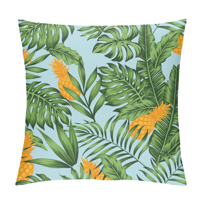 Personality  Orange Pineapple Green Jungle Blue Background Seamless Pillow Covers