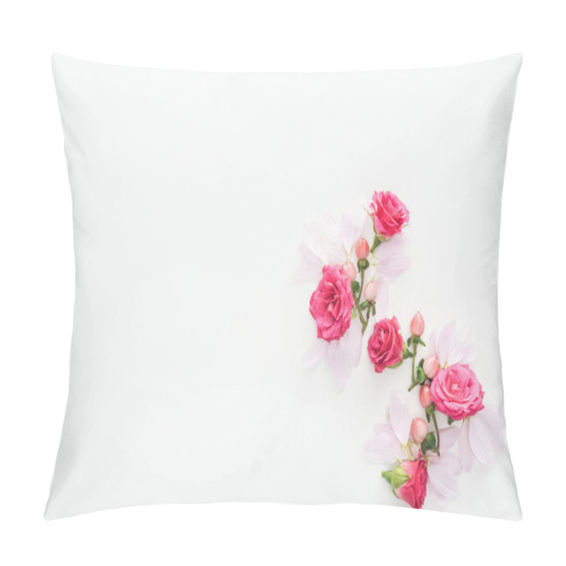 Personality  Top View Of Composition With Roses Buds, Berries And Petals On White Background Pillow Covers