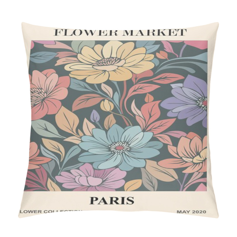 Personality  Abstract Poster Flower Market Paris Print. Trendy Botanical Wall Art With Floral Design In Danish Pastel Colors. Modern Naive Groovy Funky Interior Decoration, Painting. Vector Art Illustration. Pillow Covers