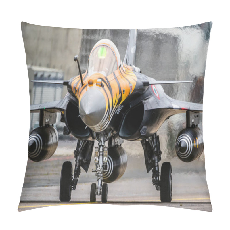 Personality  MONT-DE-MARSAN, FRANCE - MAY 17, 2019: Special Painted French Air Force Dassault Rafale Fighter Jet Plane Taxiing To The Runway During The NATO Tigermeet. Pillow Covers