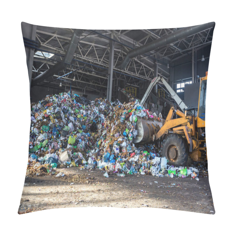 Personality  Excavator Stacks Trash In Big Pile At Sorting Modern Waste Recycling Processing Plant. Separate And Sorting Garbage Collection. Recycling And Storage Of Waste Pillow Covers