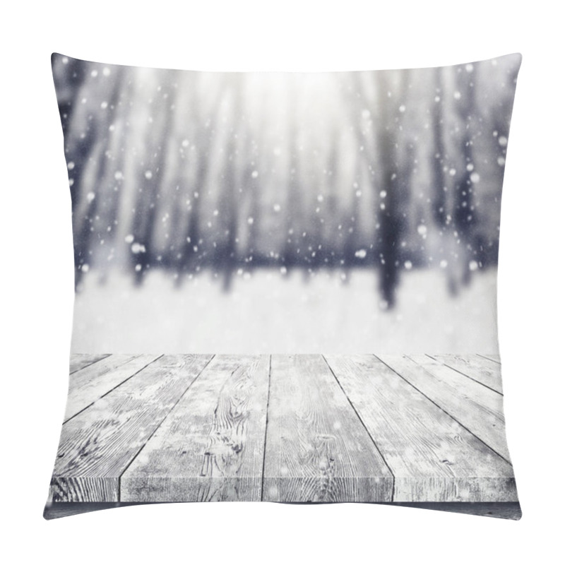 Personality  Wooden Table Over Winter Snow Covered Forest. Beauty Nature Background Pillow Covers