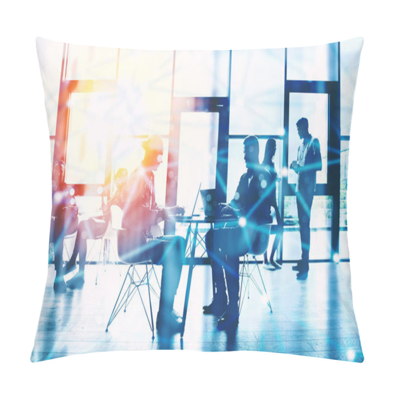 Personality  Network Background Concept With Business People Silhouette Working In The Office. Double Exposure And Network Effects Pillow Covers