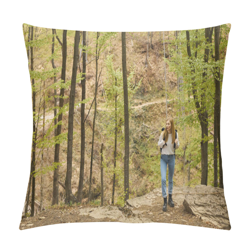 Personality  Blonde Woman Hiker With Backpack Walking Through The Forest Discovering New Paths Pillow Covers