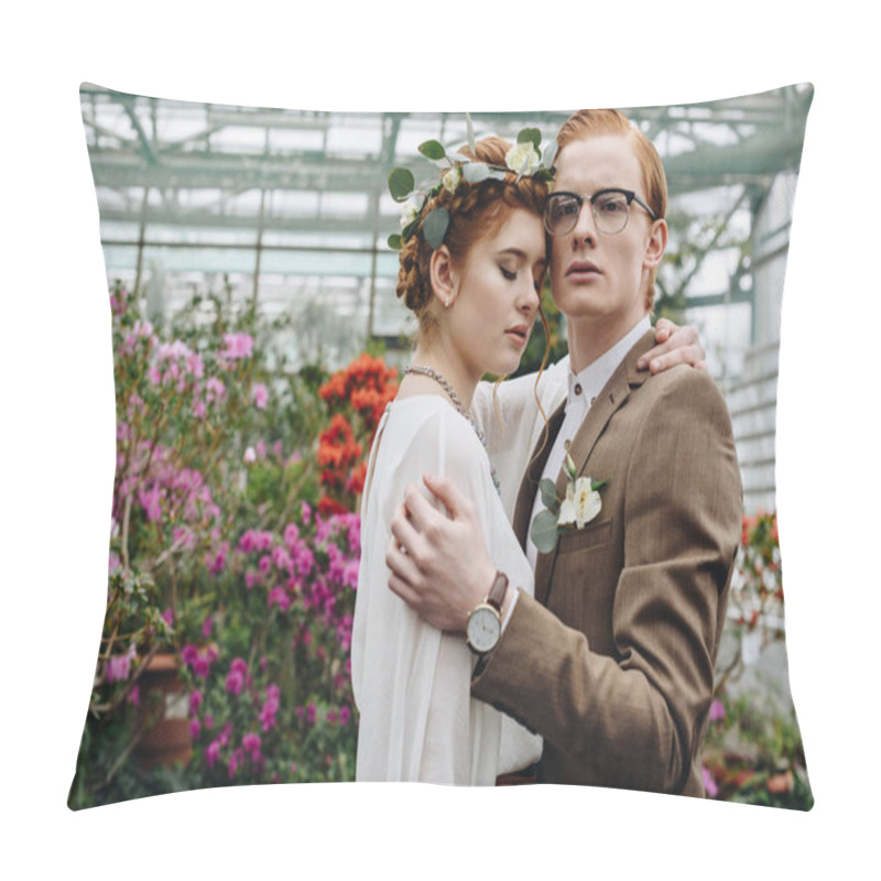 Personality  Tender Young Red-haired Wedding Couple Embracing While Standing Between Flowers In Botanical Garden Pillow Covers