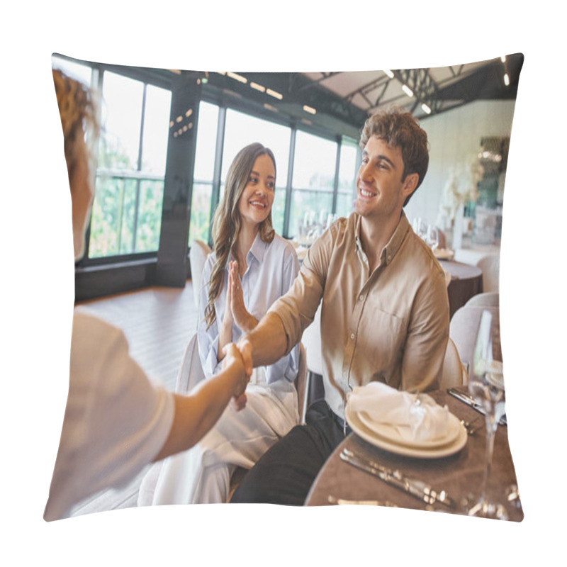 Personality  Smiling Man Shaking Hands With Event Manager Near Overjoyed Girlfriend In Modern Wedding Venue Pillow Covers