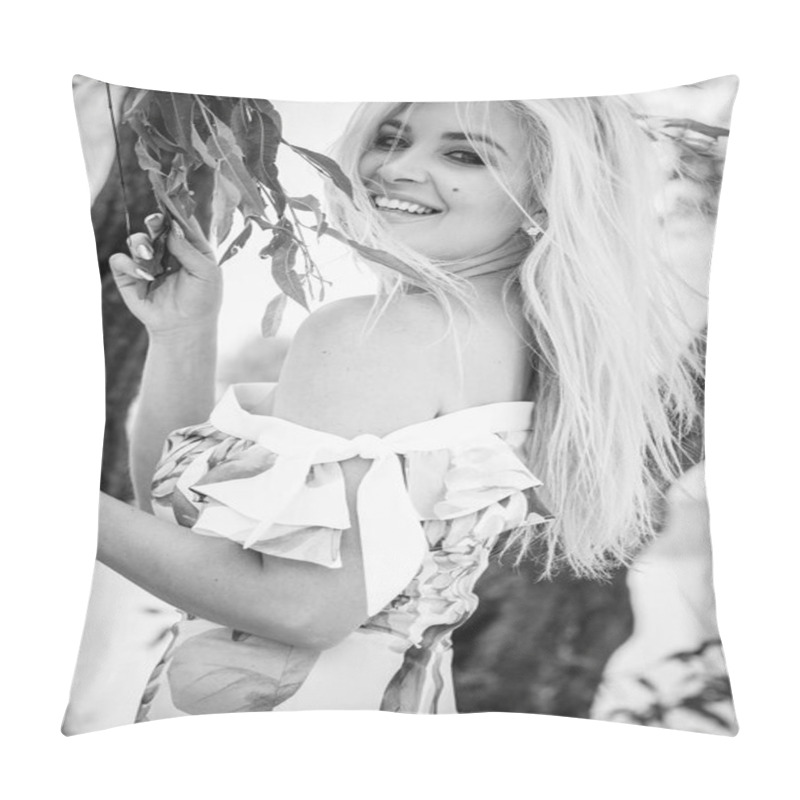 Personality  Beautiful Blonde Hair Woman In Romantic Flowers Dress Near Blue Water And Sand. Cute Happy Girl Have Fun On A Nature In Vacation Pillow Covers