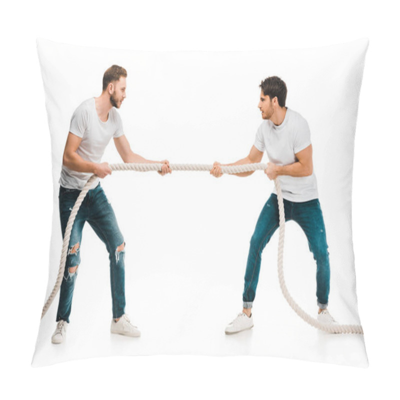 Personality  Young Men Pulling Rope And Playing Tug Of War Isolated On White Pillow Covers