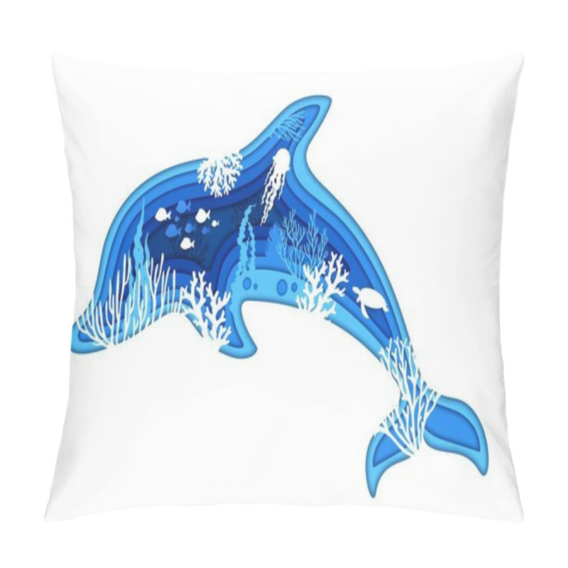 Personality  Sea Dolphin Silhouette, Underwater Paper Cut Landscape And Seaweeds, Vector Fish Shoal And Turtle. Undersea Papercut Background Of Dolphin In Paper Cut Layers With Silhouette Of Jellyfish And Corals Pillow Covers