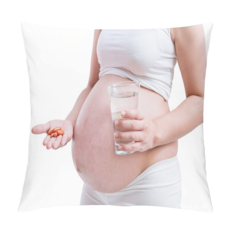 Personality  Pregnant Woman Taking Medicines On White Background. Pillow Covers