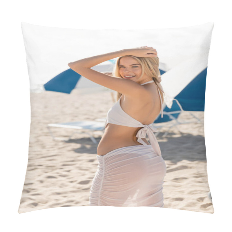 Personality  A Young Blonde Woman Stands Gracefully On Miami Beach In A White Bikini, Enjoying The Sun And Sea Breeze. Pillow Covers