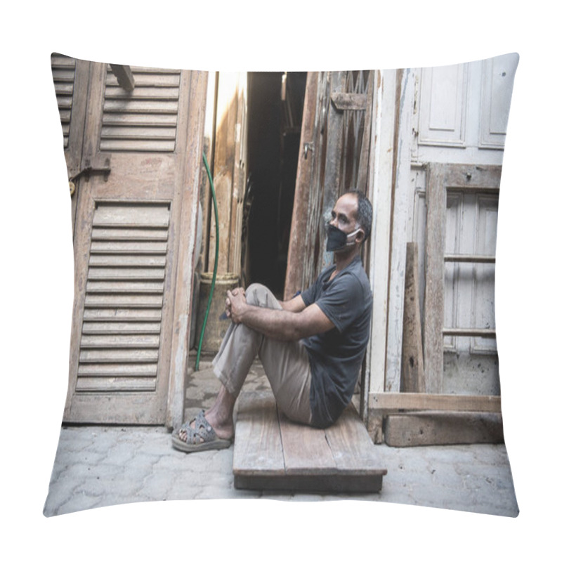 Personality  MUMBAI/INDIA - APRIL 9, 2020: Worker Sit Outside Closed Shops In Mohmadi Old Timber Market During A Government-imposed Nationwide Lockdown As A Preventive Measure Against The COVID-19 Coronavirus. Pillow Covers