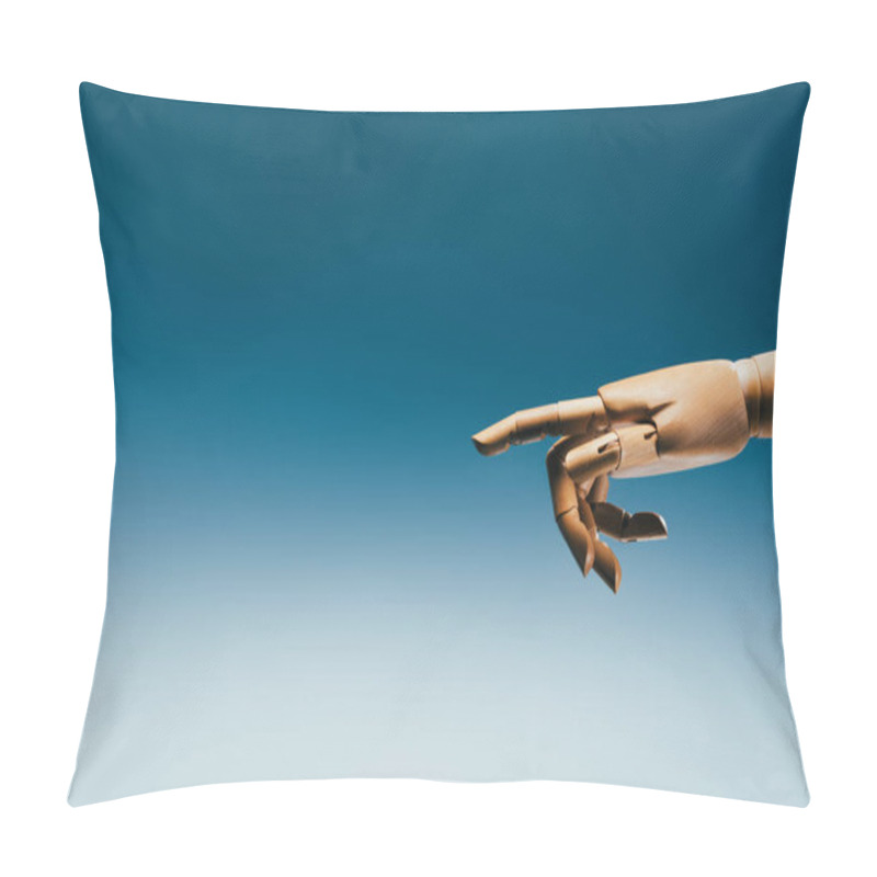 Personality  Close Up View Of Wooden Puppet Hand On Blue Backdrop Pillow Covers