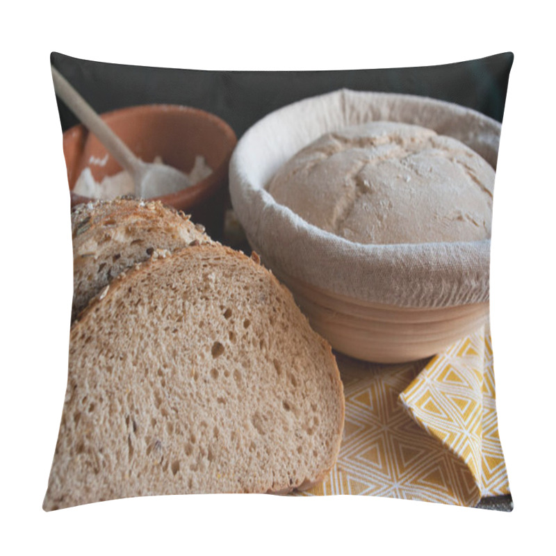 Personality  Sourdough Dough In Proofing Basket , Whole Wheat Recipe. Rye Flour Bread Slices. Home Baked Seed Bread. Close Up. Pillow Covers