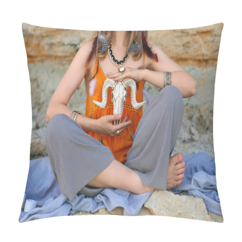 Personality  Young Female Shaman With Skull Of Sheep Outdoors Pillow Covers