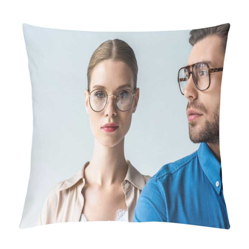 Personality  Close-up Portrait Of Young Man And Woman In Stylish Clothing And Eyeglasses Isolated On White Pillow Covers