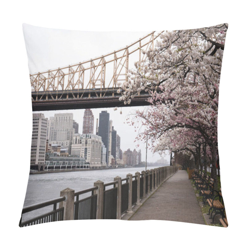 Personality  New York City, New York / USA - April 17 2020: Cherry Blossom And Queensborough Bridge In Roosevelt Island In New York City At Spring Time Pillow Covers