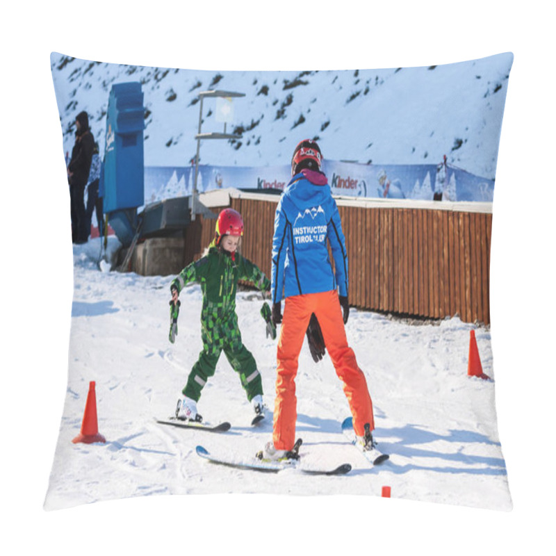 Personality  Sochi, Russia - January 7, 2018: Female Ski Instructor Teaches Skiing To Little Girl On Snowy Mountain Slope In Gorky Gorod Winter Mountain Ski Resort. Pillow Covers