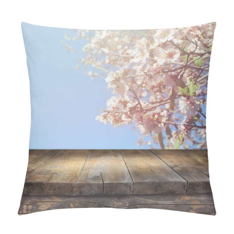 Personality  Wooden Rustic Table In Front Of Spring White Cherry Blossoms Tree. Vintage Filtered Image. Product Display And Picnic Concept Pillow Covers