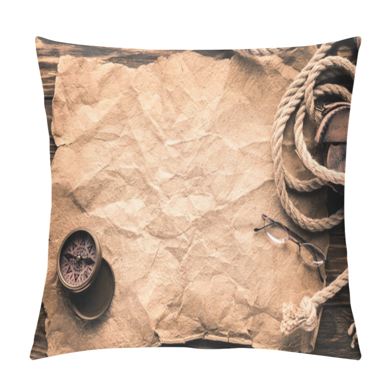 Personality  Top View Of Blank Crumpled Paper With Compass And Rope On Rustic Wooden Surface Pillow Covers