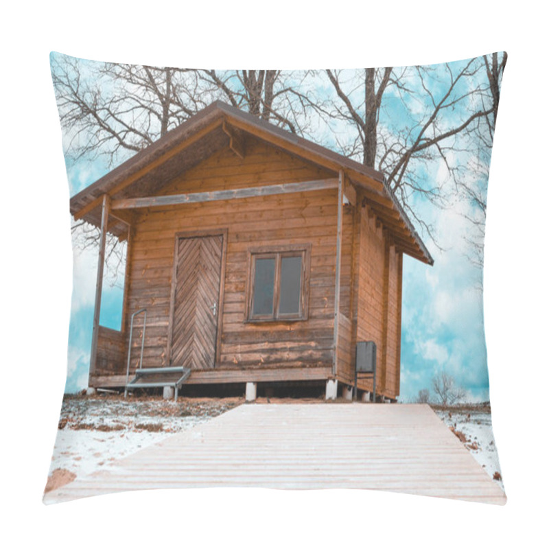 Personality  Wooden Snow Covered Path To The Wooden Ecological Cabin.Quiet, Relaxing Place In A Nature. Pillow Covers