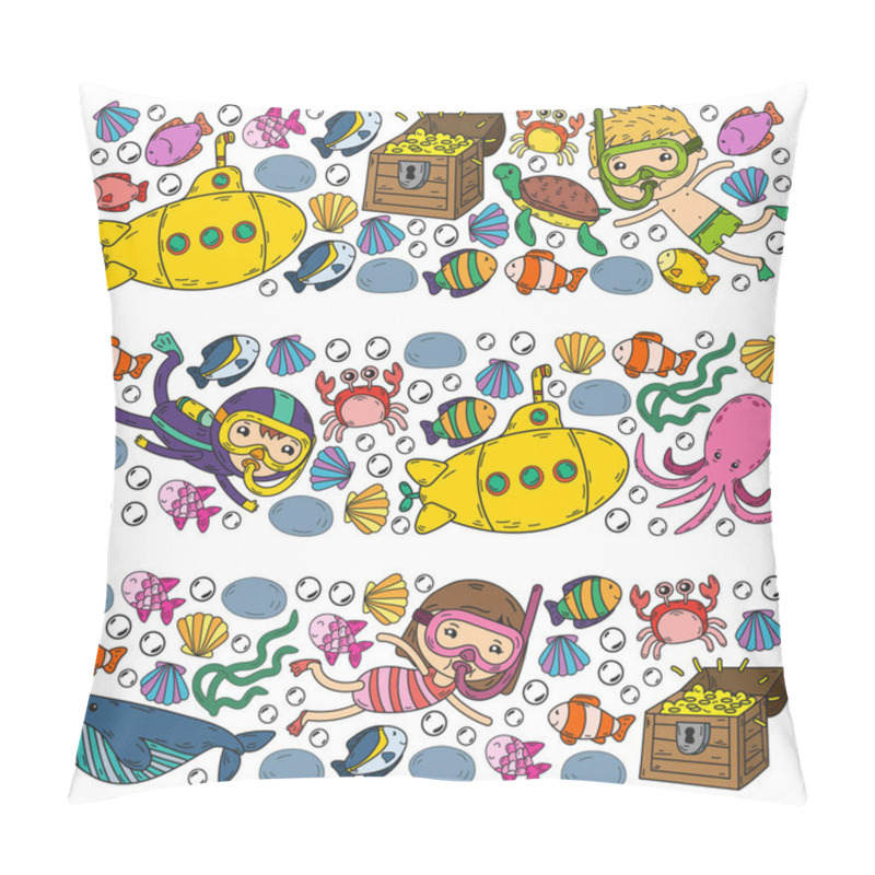 Personality  Diving Pattern With Children. Octopus, Whale. Summer Adventure With Pirates And Treasures. Pillow Covers