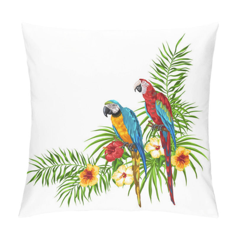 Personality  Tropical Background With Parrots. Palm Leaves, Hibiscus Flowers And Exotic Birds. Pillow Covers