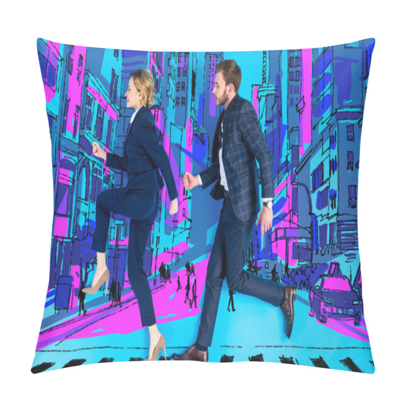 Personality  Handsome Businessman And Businesswoman In Suits Crossing Road Together Pillow Covers